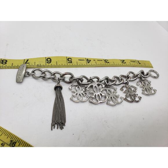 Vintage Guess Logo Big Charm Bracelet Silver Tone Rhinestone Tassel Chain Chunky - Picture 5 of 7